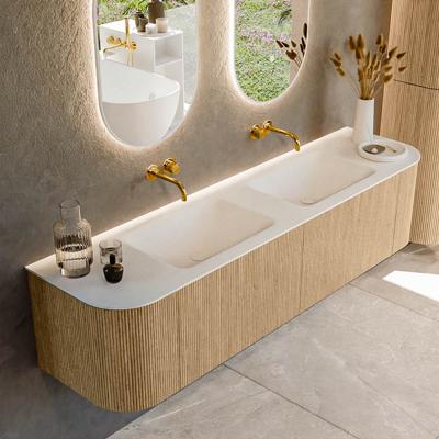 Mondiaz KURVE 180 cm Onderkast Greeploos 2 Lades Met Deuren Oak, Wastafel Solid Surface Dubbel Talc 0 Kraangaten Zonder Spiegel (KRVCLO180L+R2L2D0KD-Oak/Tal)
