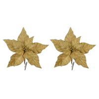 Decoratie bloemen op clip - 2x stuks - goud - 18 cm - polyester fluweel