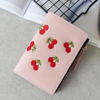PU lederen Cherry borduurwerk Coin Purse kaarthouders (roze)