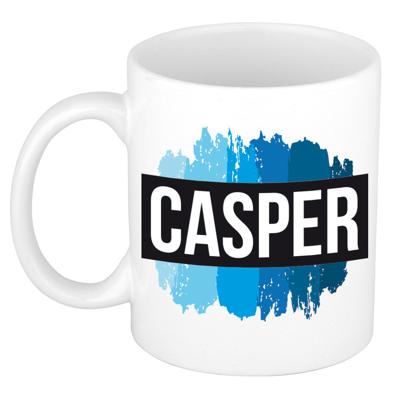 Casper naam cadeau koffie mok - beker - met blauw verfstrepen - Cadeau collega - vaderdag