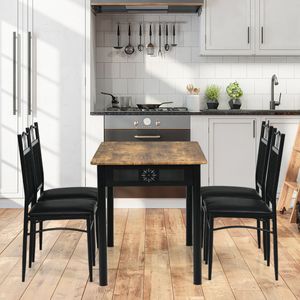 5-Delige Eettafel Set Moderne Keukentafel voor 4 Rechthoekig 107 cm 4 Gestoffeerde Stoelen voor Thuis Bistro Café en Restaurant Zwart