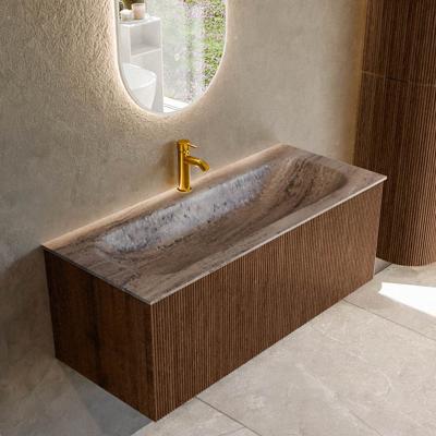 Badmeubel Mondiaz Kurve-Dlux | 110 cm | Meubelkleur Walnut | Wastafelkleur Oza | Solid surface | Wasbak midden spoelbak | 1 kraangat