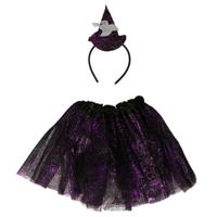 Heksen verkleed setje voor kinderen - rokje/diadeem - zwart - Halloween/carnaval verkleed accessoire