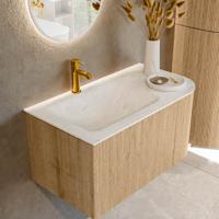 Mondiaz KURVE-DLUX 85 cm Onderkast Greeploos 1 Lade Met Deuren Oak, Wastafel Solid Surface Links Opalo 1 Kraangat Zonder Spiegel (KRVCLO85R1L1D1KL-Oak/Opa)