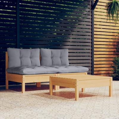 3-delige Loungeset met grijze kussens grenenhout