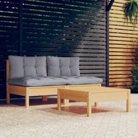 3-delige Loungeset met grijze kussens grenenhout