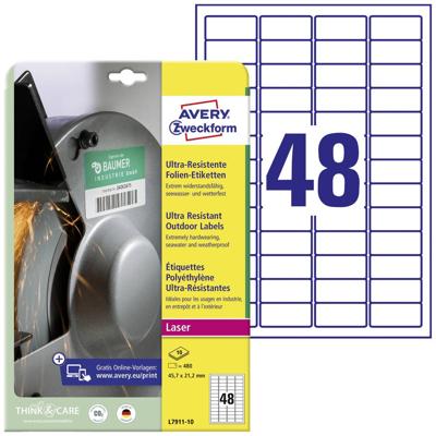Avery-Zweckform L7911-10 Folie-etiketten 45.7 x 21.1 mm Polyethyleen folie Wit 480 stuk(s) Permanent hechtend Laser (kleur), Laser (zwart/wit), Kopiëren