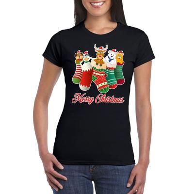 Foute Kerst t-shirt - kerstsokken met diertjes - Merry Christmas - zwart - voor dames - kersttruien