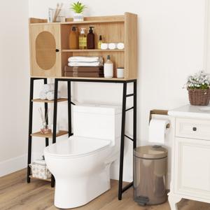 Toiletkast met PE-Rotan Deur Toiletrek met Verstelbare Plank en Opbergvakken Vrijstaande Bovenbouwkast Wasmachinerek in Boho-Stijl