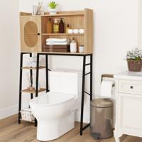 Toiletkast met PE-Rotan Deur Toiletrek met Verstelbare Plank en Opbergvakken Vrijstaande Bovenbouwkast Wasmachinerek in Boho-Stijl