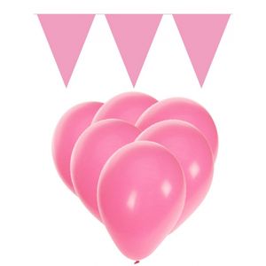 Lichtroze versiering 15 ballonnen en 2 vlaggenlijnen