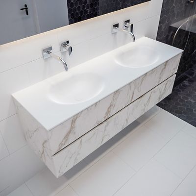 Mondiaz Vica Moon badmeubel wit carrara mat 150 cm 4 lades solid surface dubbele spoelbak zonder kraangat