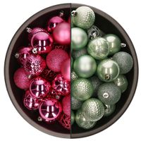 74x stuks kunststof kerstballen mix van mintgroen en fuchsia roze 6 cm - thumbnail