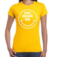 Verkleed T-shirt voor dames - you make me - smiley - geel - carnaval - foute party - feestkleding - thumbnail