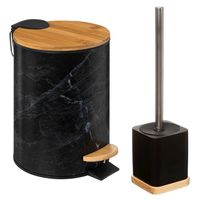 Badkamer/toilet accessoires set - WC-borstel in houder en prullenbak - zwart - bamboe - 3 liter - thumbnail