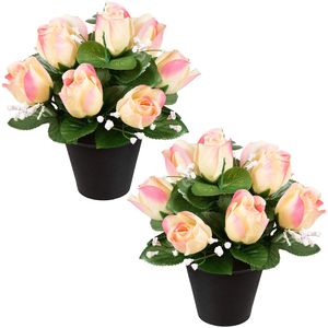 Kunstbloemen klein boeketje rozen in pot - 2x - creme/lichtroze - H25 cm - Bloemstuk - Bladgroen