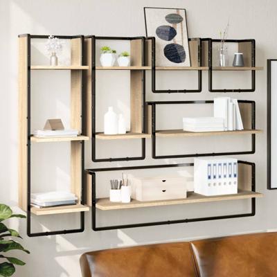 6-delige Wandschappenset met stangen bewerkt hout sonoma eiken