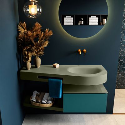 MONDIAZ RIVA 120cm badmeubel onderkast / planchet kleur Smag met 1 lade. Wastafel DULCET rechts 0 kraangaten kleur Army.