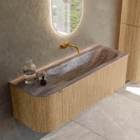 Badmeubel Mondiaz Kurve-Dlux | 135 cm | Meubelkleur Oak | Wastafelkleur Oza | Solid surface | Wasbak rechter zijde spoelbak | Zonder kraangat(en)
