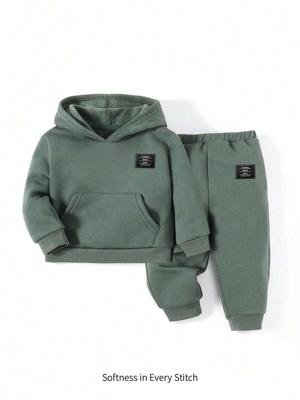 Bon&Bon Baby Boy Letter Graphic Hooded Thermal Sweatshirt And Jogger Pants Set Green_1 / 1-3M