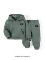 Bon&Bon Baby Boy Letter Graphic Hooded Thermal Sweatshirt And Jogger Pants Set Green_1 / 1-3M