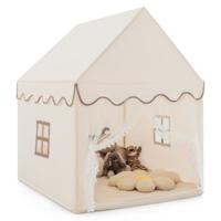 Kinderhuisje Kindertent Speelhuisje Kinderspeeltent Stoffen Tent met Massief Houten Frame en Katoenen Deken Beige 120 x 105 x 140 cm