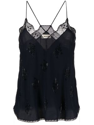 Zadig&Voltaire haut crop Christy en soie à ornements strassés - Bleu