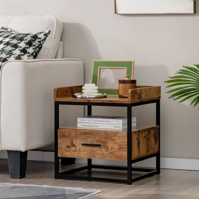 Bijzettafel met 2 Niveaus Salontafel met Metalen Frame Koffietafel met Lade Nachtkastje voor Bed Bruin