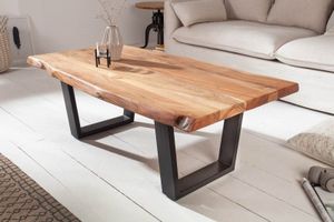 Massief houten boomstam salontafel MAMMUT 110 cm acacia zwart metalen frame 3,5 cm tafelblad - 40014