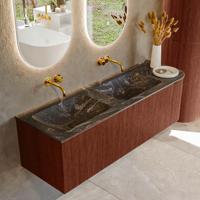 Badmeubel Mondiaz Kurve-Dlux | 145 cm cm | Meubelkleur Ruby | Wastafelkleur Lava | Solid surface | Dubbel / Links spoelbak | Zonder kraangat(en)