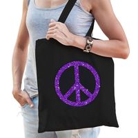 Flower Power katoenen tas met peace teken zwart met paarse glitters voor volwassenen   - - thumbnail