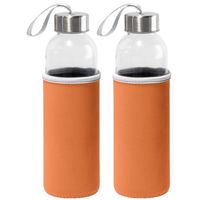 2x Stuks glazen waterfles/drinkfles met oranje softshell bescherm hoes 520 ml - Drinkflessen