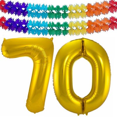 Grote folie ballonnen cijfer 70 in het goud 86 cm en 2x feestslingers Grote folie ballonnen cijfer 70 in het goud 86 cm en 2x feestslingers