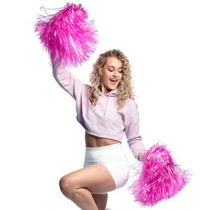 Cheerballs/pompoms - 2x - roze - met franjes en ring handgreep - 28 cm