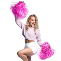 Cheerballs/pompoms - 2x - roze - met franjes en ring handgreep - 28 cm