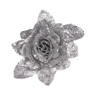 Kerstboomversiering Bloemen - 10 cm - zilver glitter - op clip - ornament - roos