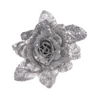 Kerstboomversiering Bloemen - 10 cm - zilver glitter - op clip - ornament - roos