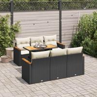 7-delige Loungeset met kussens poly rattan acacia zwart