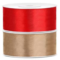 Bellatio decorations - 2x rollen satijn sierlint - 2.5 cm x 25 meter - rood en goud