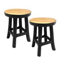 VD Leeden plantverhoger - 2x - teak hout - zwart - D20 x H27 cm - krukje