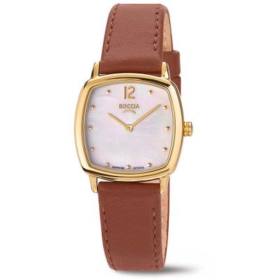 Boccia 3343-02 Horloge titanium-leder zilverkleurig-bruin 25 mm