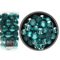 74x stuks kunststof kerstballen turquoise blauw 6 cm glans/mat/glitter mix - Kerstbal - thumbnail