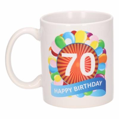 70 jaar Verjaardag koffiemok - cadeau beker - feestelijke ballonnen print - 300 ml - keramiek - wit