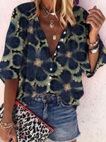 V Neck Floral Loose Casual Blouse With No - thumbnail