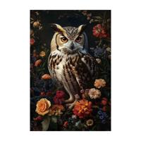 Glasschilderij - Uil In Bloemen - 120 x 80 cm