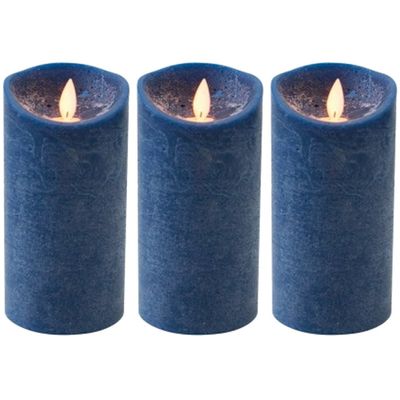 3x Donkerblauwe LED kaars / stompkaars met bewegende vlam 15 cm