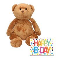 Verjaardag cadeau knuffelbeer 32 cm met XL Happy Birthday wenskaart - thumbnail