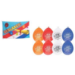 Vlag geslaagd/afgestudeerd met diploma + 8x geslaagd thema versiering ballonnen 27 cm