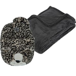 Fleece deken antraciet 125 x 150 cm met voetenwarmer slof cheetah one size