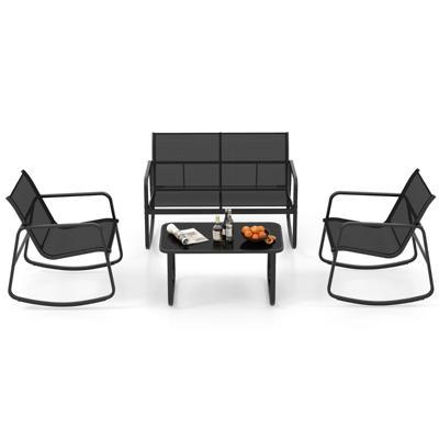 4-Delige Schommel Patioset 2 Schommelstoelen en Loveseat met Glazen Tafel Buitenmeubelset voor Veranda Balkon